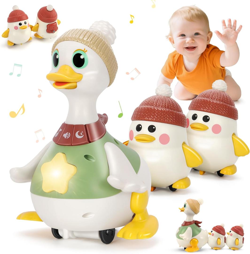 Hestiasko Baby Toys 6 8 10 12 Months, Tummy Time Duck Toy, Musical Dancing Duck Set with Lights & Sounds, Crawling and Interactive Sensory Learning Toy for Infants, Toddlers Gift for 1 Year Old Boy