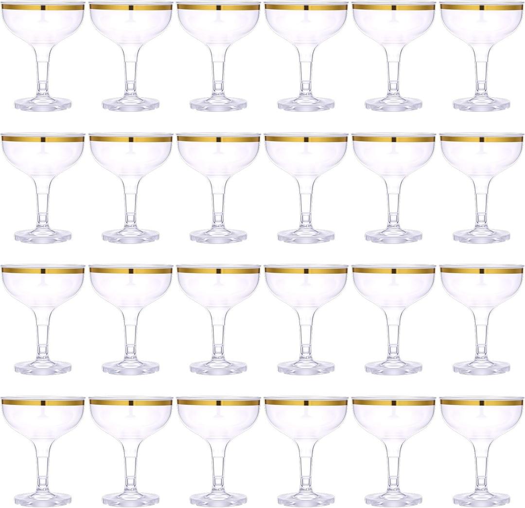 24 Pcs Champagne Tower Glasses Set, 5 oz Plastic Champagne Coupe Glasses With Gold Rim, Stackable & Shatterproof Disposable Stem Margarita for Wedding Birthday Party Bar (Clear, Gold Rim)
