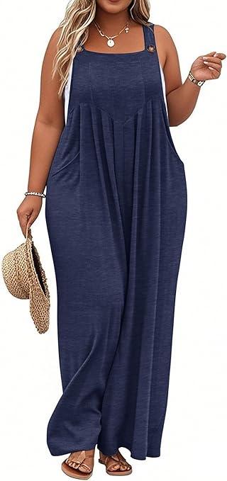 Women's Plus Size Jumpsuit Overalls Wide Leg Casual Summer Rompers Adjustable Loose Fit Jumpsuits With Pockets 2026, 5XL