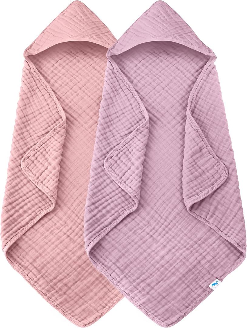 SWEET DOLPHIN Muslin Hooded Baby Bath Towels - 2 Pack 100% Cotton Towel for Babies, Infants, Toddlers - 32x32Inch - Highly Absorbent and Newborn Essential, Light Sakura