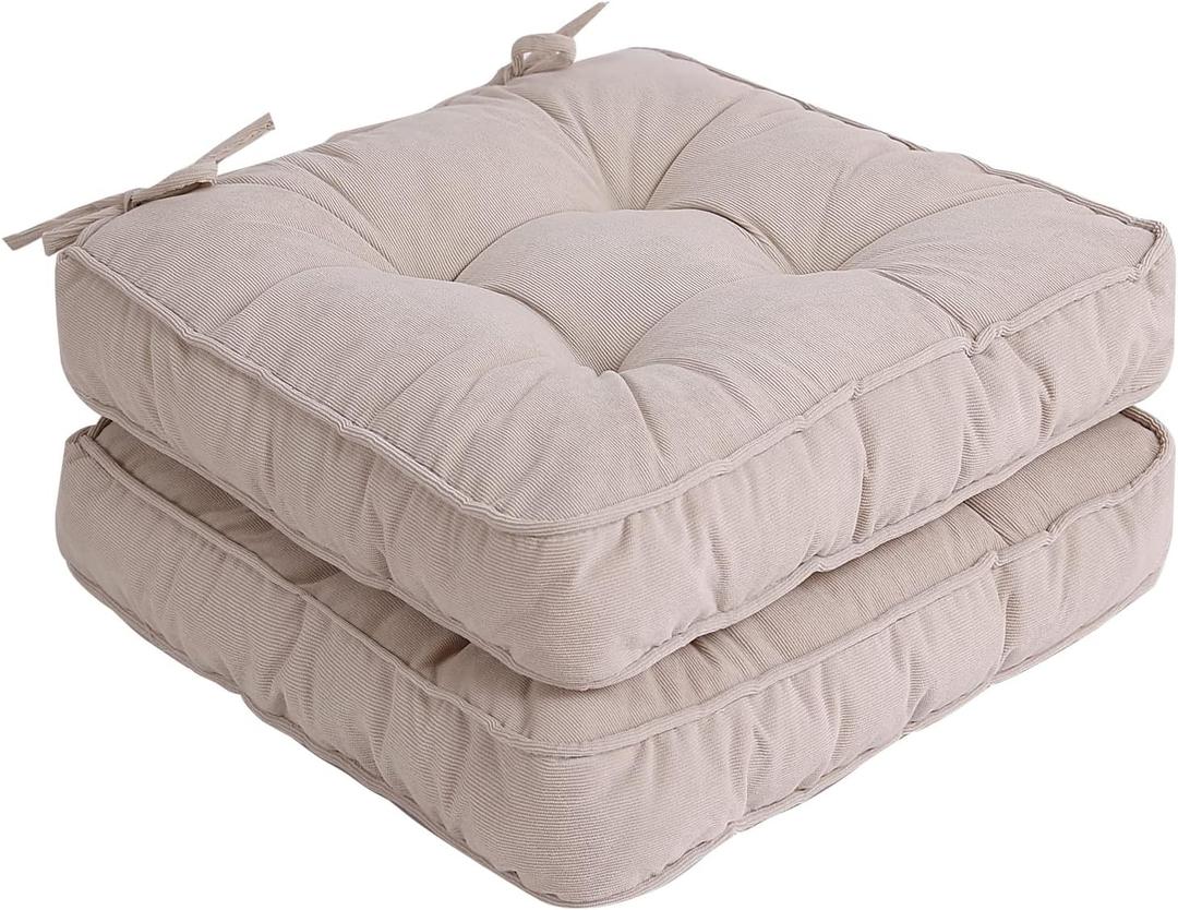 Chair Cushion with Ties 18 x 18 Inch Indoor Outdoor Cushions for Dining Chairs Set of 2, Square (Beige, 18 x 18 Inch)