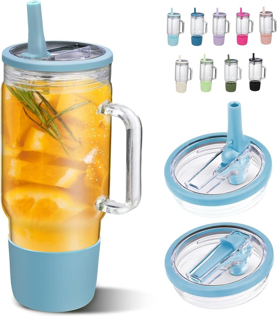 SIEROZUR 40 oz Glass Tumbler with Handle and Straw Lid Reusable Glass Tumbler with Silicone Sleeve BPA Free Iced Coffee Cup with Handle, Fits In Cup Holder, Dishwasher Safe