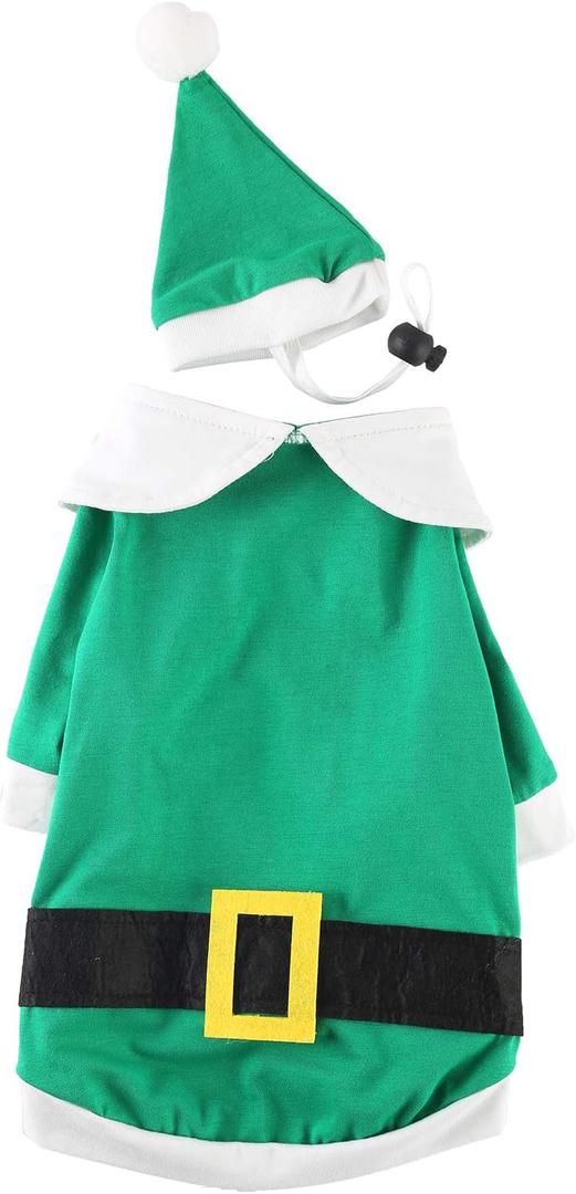 Christmas Dog Shirt with Funny Hat Pet Cute Elf Santa Claus Costume Clothes Cat Small Dog Soft Cotton Xmas T-Shirt Outfit Set  (XS,Neck:9" Bust:15, Elf)