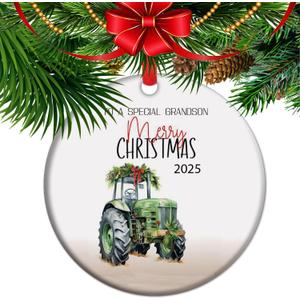 Farm Tractor Christmas Ornament 2025, Heartfelt Grandson Keepsake Ceramic Ornament, Gifts for Grandson from Grandfather, Sentimental Gift from Grandmother (C7)