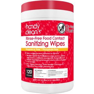 HandyClean Rinse-Free Food Contact Sanitizing Wipes Canister, Multi Surface Cleaning Supplies for Kitchen and Professional Setting One Canister (120 Wipes)