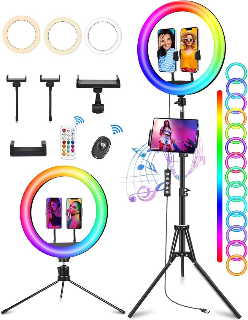 STALLY 13.3" Ring Light with Stand, Music Mode, 75" Tall with 3 Phone Holder, 3 CCT Modes & 48 RGB Color Modes, Ring Light Tripod for iPhone with Wireless Remote, Great for Photograph/Makeup/TikTok (13.3in)
