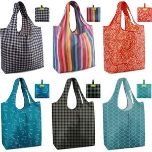 BeeGreen Large Tote Bag 6 Pack Reusable Grocery Bags Foldable - Bulk Machine Washable Ripstop Polyester Fabrics Grocery Bag - Reusable Shopping Bags for Women Travel Storage (Geometry Design) (Black, Red, Blue, Orange)