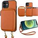 Bocasal RFID Blocking Wallet Case for iPhone 12/12 Pro, Adjustable Crossbody Zipper Purse Case Card Holder with Kickstand Detachable Wrist Strap, PU Leather Flip Folio Case 6.1 Inch 5G (Brown)