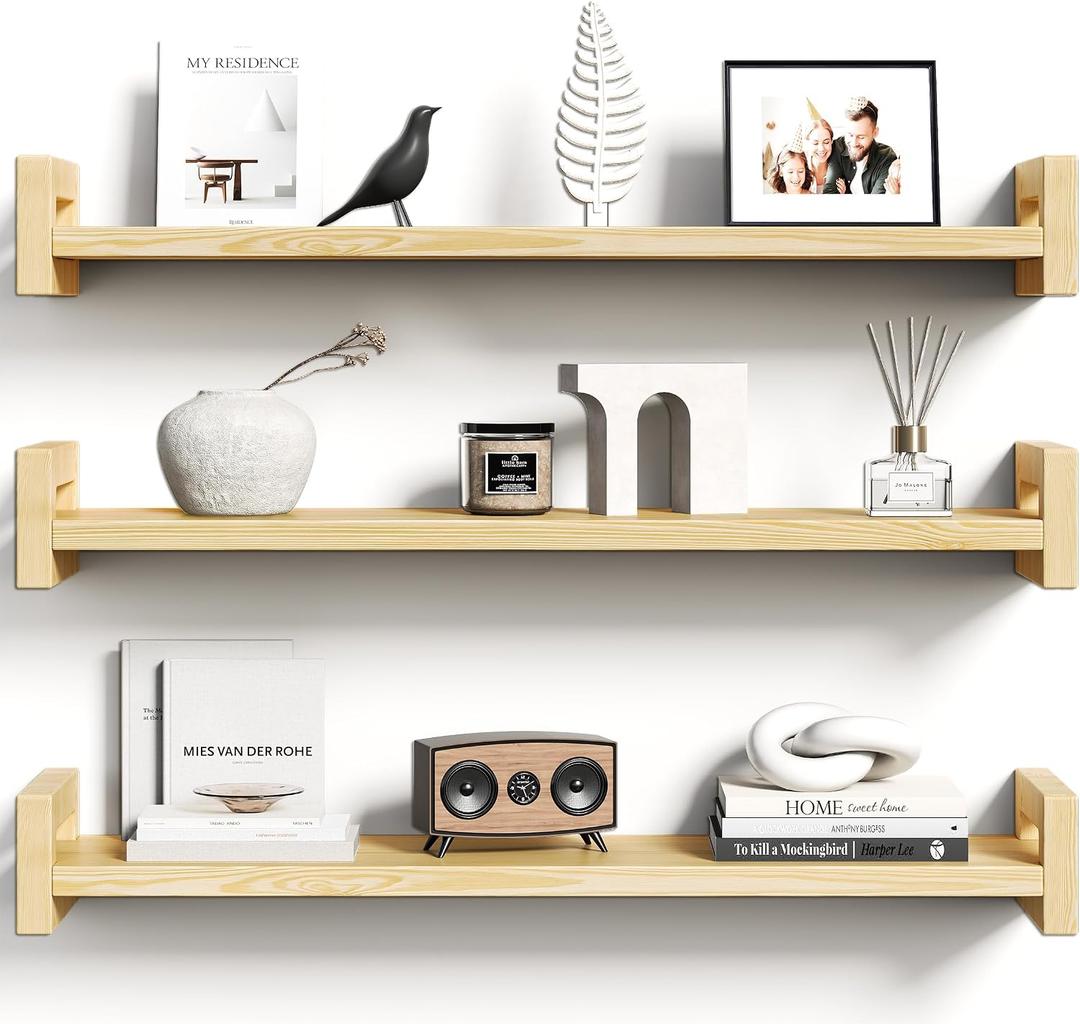 Vailando Floating Shelves for Wall, Set of 3 Solid Wood Wall Mounted Shelves, 23.6" Natural Wood Display Shelf for Bedroom, Living Room, Bathroom, and Kitchen Decor - Heavy-Duty & Natural Pine