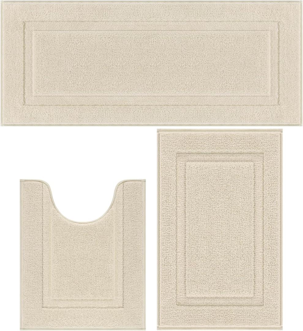 SHACOS Soft Fluffy Bathroom Runner Rugs Set of 3 Bath Mats with U Shape Toilet Rugs Non Slip Washable Bath Rugs Absorbent Bathroom Carpet for Shower Tub, Light Beige
