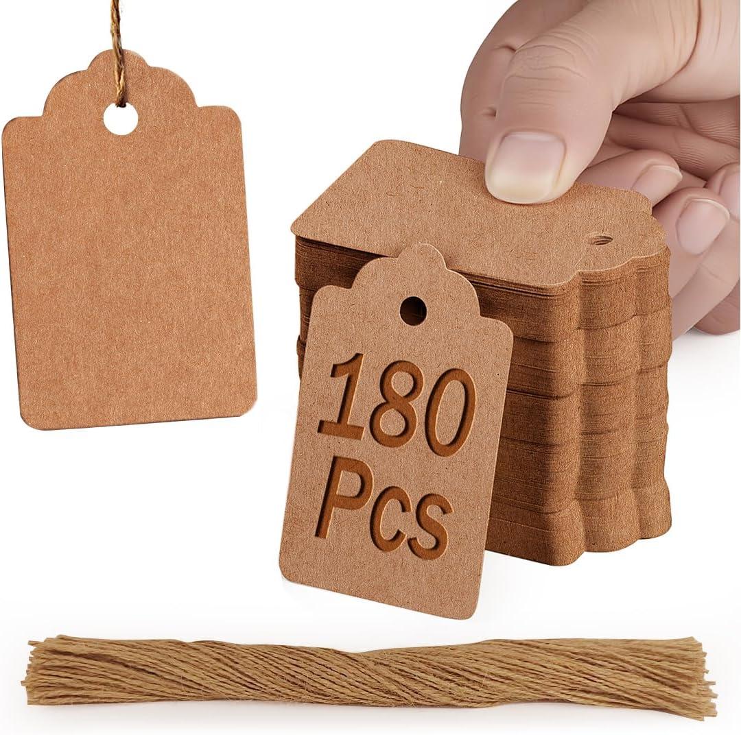 PH PERKHOMY 180 Pcs Gift Tags with String Attached Kraft Paper Blank for Price Tag Gift Bag Hang Tags Box Labeling Clothes Craft Wedding Christmas Presents Halloween (Brown 180 Pcs)