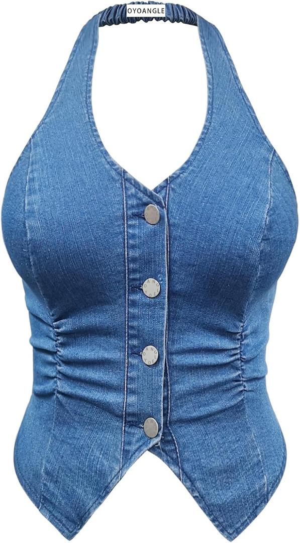 OYOANGLE Women's Plus Size Button Front Halter Denim Vest Tops Sleeveless Slit Hem Ruched Jean Tank Top (XX-Large Plus)