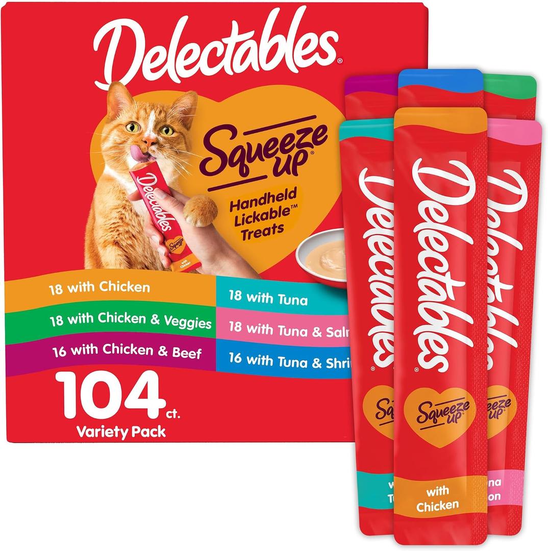 Delectables Squeeze Up Variety Pack, Creamy Squeezable Puree, Lickable Wet Cat Treats, Grain Free, No Added Fillers, No by-Products, No Added Preservatives, 0.5 Ounces Tube, 104 Tubes Total (EXP 02/10/28)