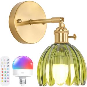 Vintage Battery Operated Wall Sconce with Cute Green Tulip Glass Lampshade Wireless Rechargeable Battery Powered Wall Light with Remote Control for Bedside Bedroom Doorway