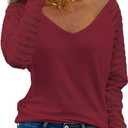 AISEW Womens Long/Short Sleeve V Neck T-Shirt Striped Sheer Mesh Raglan Tees Loose Casual Tops (Red, XL)