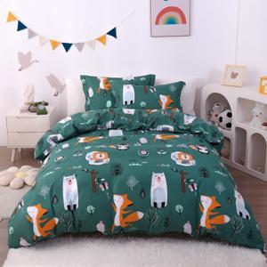 JSD Green Forest Animal Kids Duvet Cover Set Twin Size, 2 Piece Soft Printed Microfiber Comforter Cover with Pillow Sham Zipper Closure, Comforter Not Included