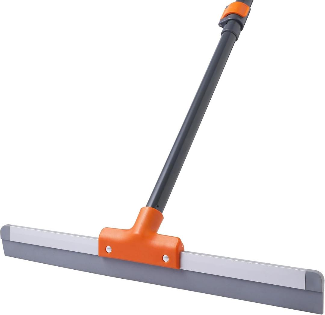 CLEANHOME Rubber Floor Squeegee for Concrete Floor, Tile Floor, Metal Aluminium Heavy Duty Garage Shower Floor Squeegee Broom for Removing Water, Commercial Scrubber Mop with Extendable Long Handle, 17 Inches