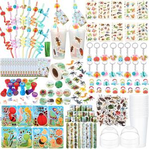 Poen 172 Pcs Insects Party Favors Bugs Birthday Party Favors Include Cup Straw Stamp Clap Bracelet Keychain Ring Puzzle Sticker Animal Miniature Card for Classroom Rewards Gifts Goody Bag Stuffer