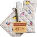 Maison d' Hermine 100% Cotton Oven Mitt & Pot Holder Set (7.5"x13" & 8"x8") Heat Resistant BBQ Cooking Gloves with Loop, Baking, Grilling, Kitchen, Handling Hot Pans Spring/Summer (Birdies On Wire)