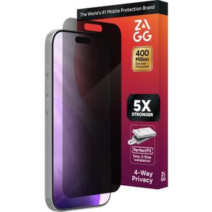 ZAGG Privacy XTR Screen Protector for iPhone 17 Pro - 4-Way Privacy Full-Screen Filter, 5X Stronger, Fingerprint-Resistant Tempered Glass, Smooth Feel, Easy Two-Step Installation
