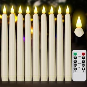 Flameless Taper Candles with Remote Control and Timer, Battery Operated LED Candlesticks with Flickering 3D Flame, 9.6 Inches Plastic Fake Candles for Christmas, Wedding and Home Decor (Ivory, 9)