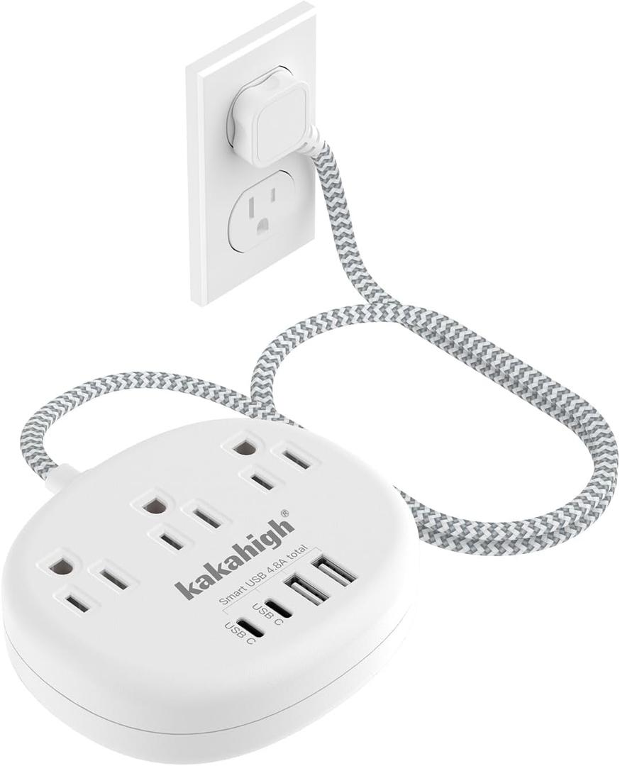 Small Extension Cord with USB C - 5 FT Short Extension Cord, 1625W 3 Prong Power Strip with 3 AC Outlet 4 USB (24W/4.8A), Bedside Charging Station for Home Office Dorm Room Essentials (white)