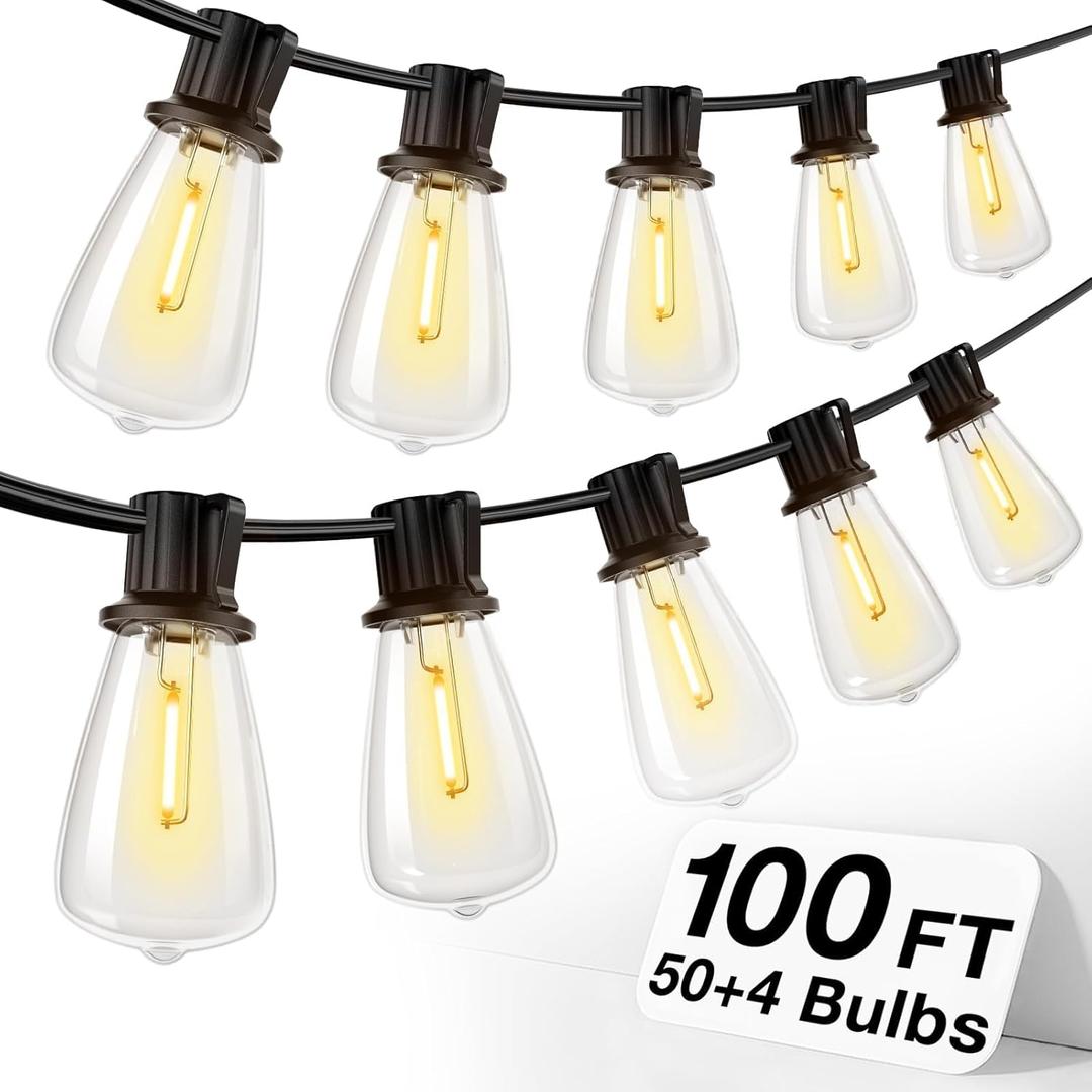addlon 100FT(50FT*2) LED Outdoor String Lights Waterproof Patio Lights with 54 Shatterproof ST38 Replaceable Bulbs(4 Spare), Dimmable Outside Hanging Lights Connectable for Porch, Backyard, 2200K