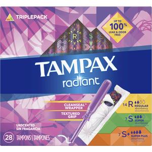 Tampax Radiant Tampons Trio Pack Regular/Super/Super Plus Absorbency, Unscented, 28 Count