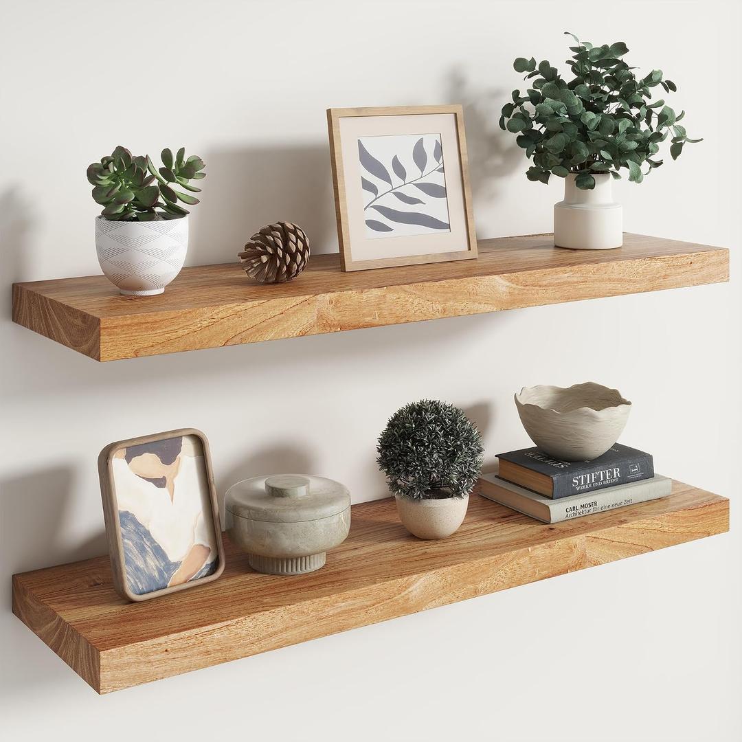 RICHFOCUS Elm Floating Shelves for Wall - 36" W x 9.3" D Rustic Solid Wood Shelves with Invisible Bracket, Wall-Mounted for Living Room, Bedroom, Kitchen Storage & Display, Set of 2, Natural, Flat Edge 36 inch, Set of 2