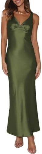 Womens Elegant Satin V Neck Backless Sleeveless Maxi Dress Silk Tie Low Back Formal Cocktail Dresses Wedding Guest, S