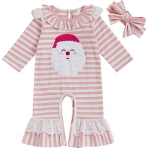 Newborn Baby Girl Christmas Outfit Santa Claus Romper Long Sleeve Striped Jumpsuit Infant Flared Pants with Headband (Pink, XS)
