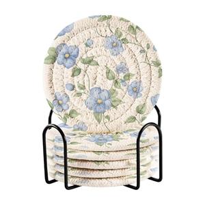 PaChyLuu Coasters Set of 6 with Holder, Small Blue Flowers Absorbent Woven Drink Cup Coasters Home Decor Tabletop Protection, 4 Inches