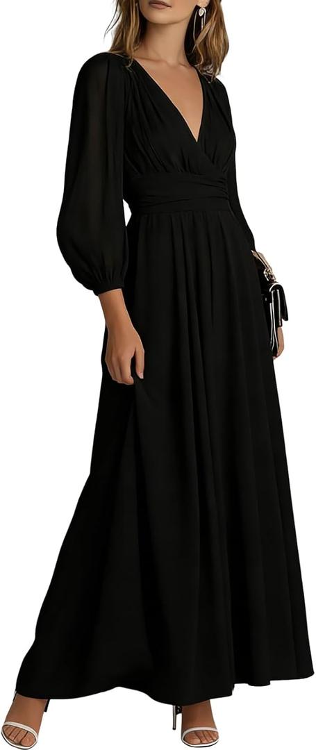XNC Long Sleeve Dresses for Women 2026 Spring Summer Casual Chiffon Dress | Long Sleeve, Deep V Neck, Flowy Maxi Wedding Guest Dress, Vacation Dress, 2026 Summer Dress, Boho Dress, Black XXL