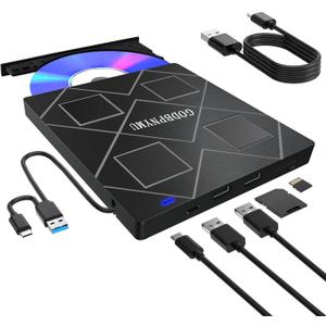 5-in-1 Extemal CD/DVD Drive for Laptop,USB 3.0 & Type-C Portable CD/DvD Rw Burner with SD/TF Card Reader &DVD-ROM Rewritable PlayerCompatible with Laptop Pc Desktop, Windows11/10/8/7 Linux Mac os