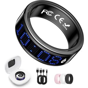 Smart Ring for Women & Men, Fitness & Health Tracker with Display Screen, IP68 Waterproof Smart Rings for Health Monitoring, Fitness Tracker Ring with Call Notification, No App Fees (Black, 8#)