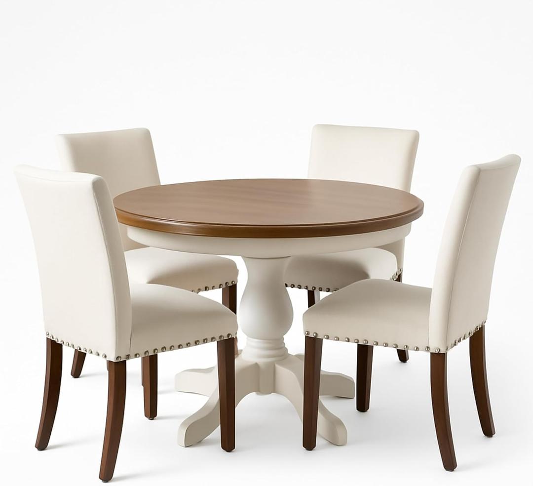 COLAMY Upholstered Parsons Dining Chairs Set of 4, Fabric Dining Room Kitchen Side Chair with Nailhead Trim and Wood Legs - Beige,No Table