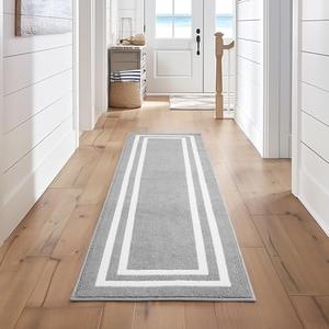 Nautica – Runner Rug | Indoor Runners for Hallways and Entry Rugs| Non-Slip and Non-Skid Entry and Kitchen Door Mat| Machine Washable Entryway Carpet Rugs | 2'6" x 12' | Double Border Light Grey