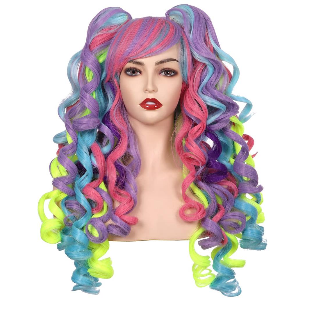 ColorGround Long Curly Cosplay Wig with 2 Ponytails (Purple/Pink/Blue/Green)