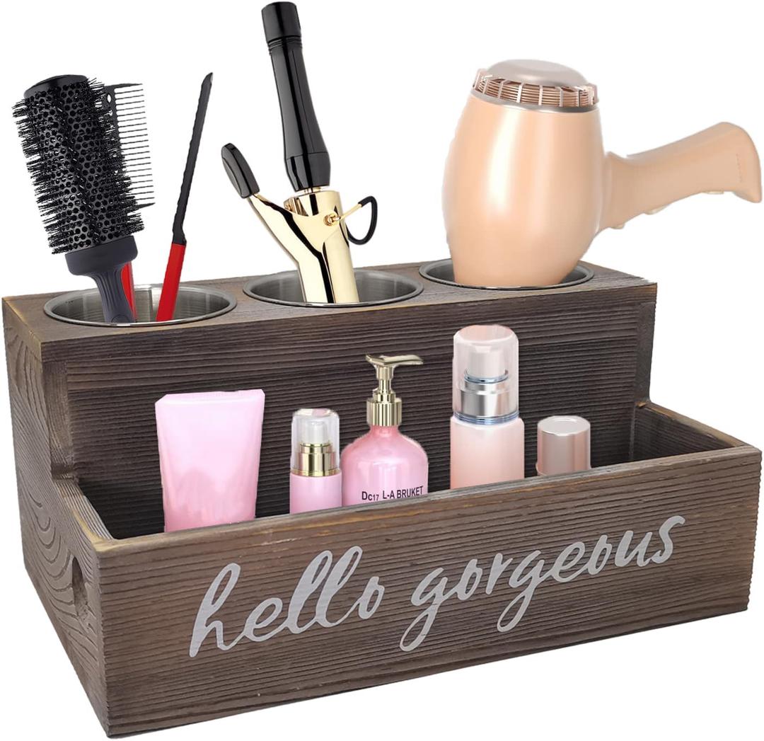 Hair Dryer Holder, Wooden Hair Tool Organizer, Bathroom Supplies Countertop Storage and Vanity Caddy for Blow Dryer Curling Iron Holder Hair Straightener Brush Hair Styling Accessories (brown)