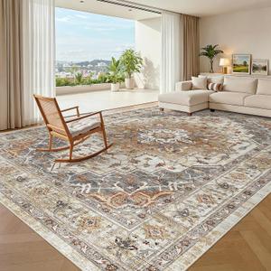 Madane Washable Rug 8x10 Area Rugs for Living Room, Ultra-Thin Non-Slip Backing Rug, Stain Resistant Vintage Large Area Rug for Bedroom (Turmeric/Grey, 8'x10')