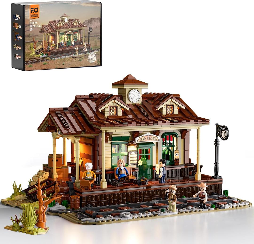 FUNWHOLE Wild West Train Station Lighting Building-Bricks Set - 1975 Pcs Collectible Train Playset for Adults and Teens, Large