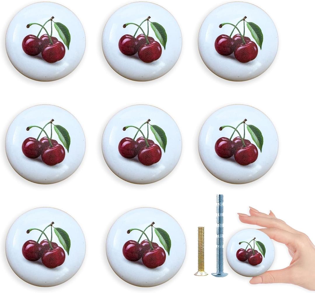 8 Pack Round Cabinet Knob1.5 Cherries Fruit Ceramic Rustic Kitchen Cabinet Dresser Drawer Handle Pulls and Knobs