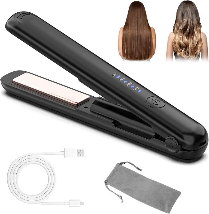Mini Portable Cordless Hair Straightener, 1 inch Double Ceramic Flat Iron Hair Straightener and Curler 2 in 1, Wireless Curling Iron for Travel (Black)