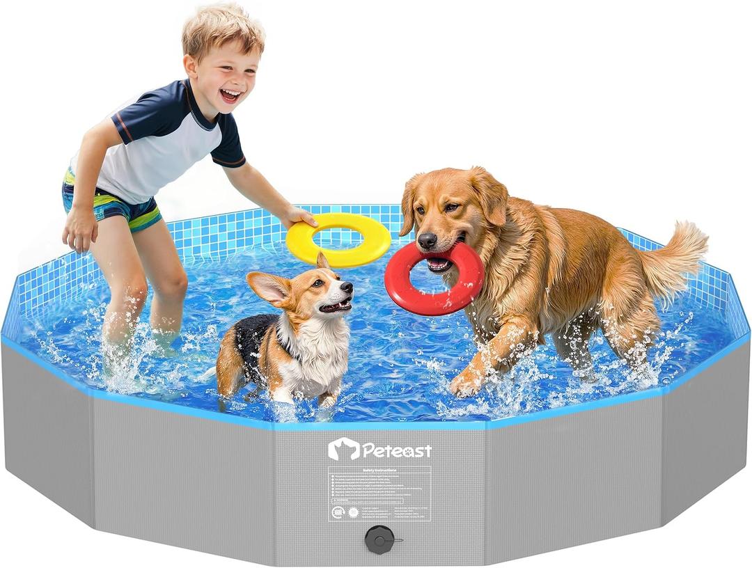 Peteast Foldable Dog Pool with Sturdy Round Design, Extra Large Portable Pet Bathtub, Durable 64" Diameter Portable Design for Backyard & Indoor Use (Includes 2 Flying Disks)