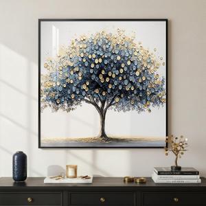 Framed Square Tree of Life Wall Art, Blue Gold Modern Money Tree Painting Prints, Minimalist Elegant Luxury Abstract Tree Artwork for Living Room Bedroom Kitchen Hallway Office Home Decor, 30x30 Inch