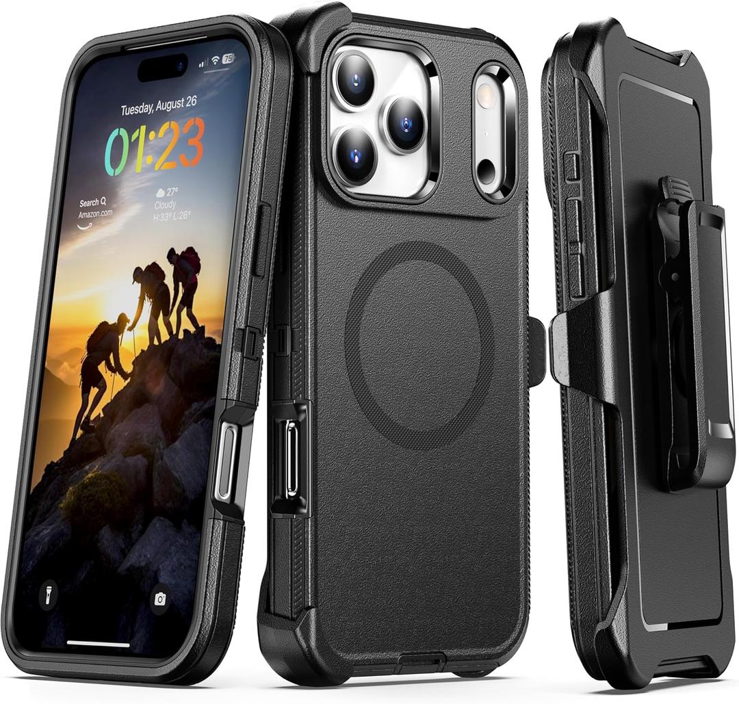 Compatible with iPhone 17 Pro Case with Belt Clip Holster, 2X Screen Protector, Shockproof, Compatible with MagSafe, 3-Layer Drop Protection, Heavy Duty Magnetic Phone Case Cover, 6.3", Black