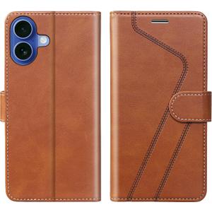 for iPhone 16 Wallet Case,PU Leather Flip Case RFID Blocking Credit Card Holder Folio Magnetic Stand TPU Shockproof Cover Compatible with iPhone 16, Brown