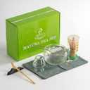Japanese Tea Set (7pcs) Matcha Whisk Set Matcha Bowl with Pouring Spout Bamboo Matcha Whisk (chasen) Scoop (chashaku) Matcha Whisk Holder Tea Making Kit. White Glass