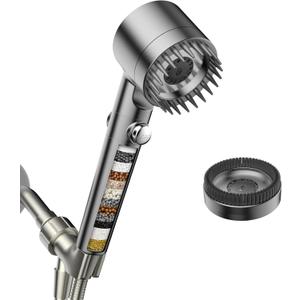 Filtered Shower Head with Handheld, High Pressure Water Flow and Multiple Spray Modes Shower Head with Filter, Power Wash for Hard Water, Showerhead with ON/OFF Switch for Pets Bath (Light Gray)