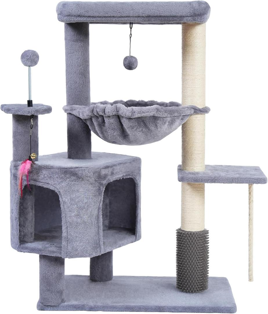 Cat Tree with Cat Condo and Hammock for Indoor Cats, Cat Tree with Self-Grooming Brush and Toy Balls,Cat Tower with Scratching Posts,Grey